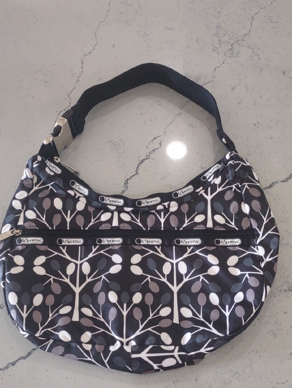 LeSportsac Black/White/Charcoal Leaf Patterned Sling Hobo Bag NWOT